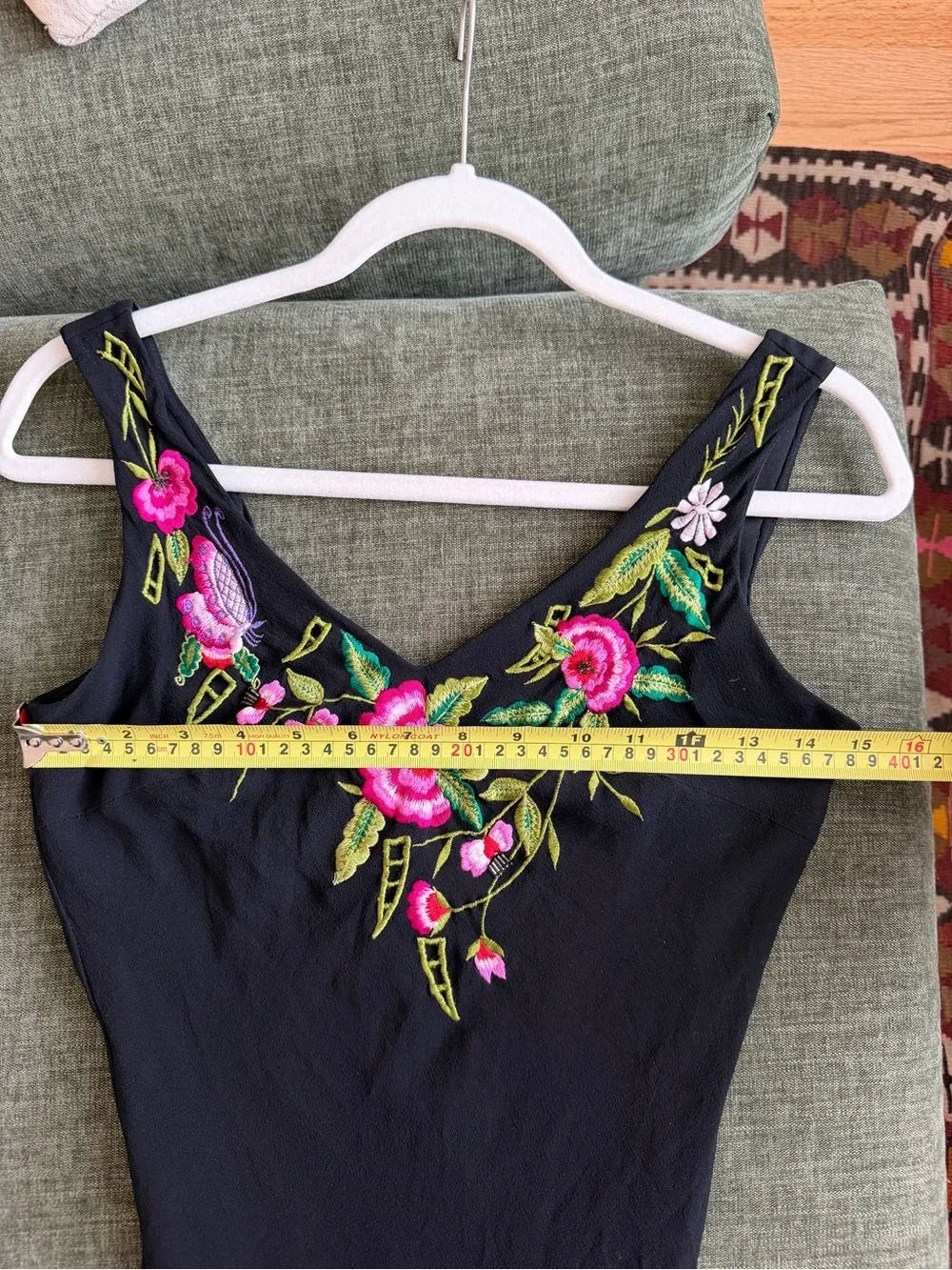 Cache Black Maxi Dress with Pink & Green Floral Embroidery (similar to Sue Wong) - Picture 3 of 6